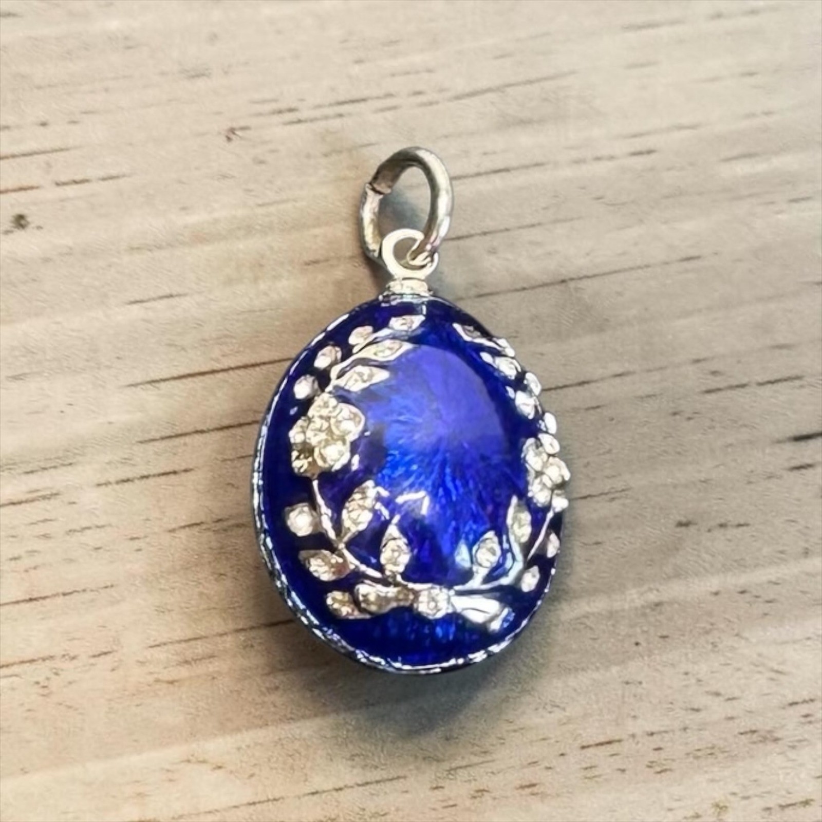 Enamel Rhinestone Egg Pendant Womens Small Cobalt Blue Floral Imperial