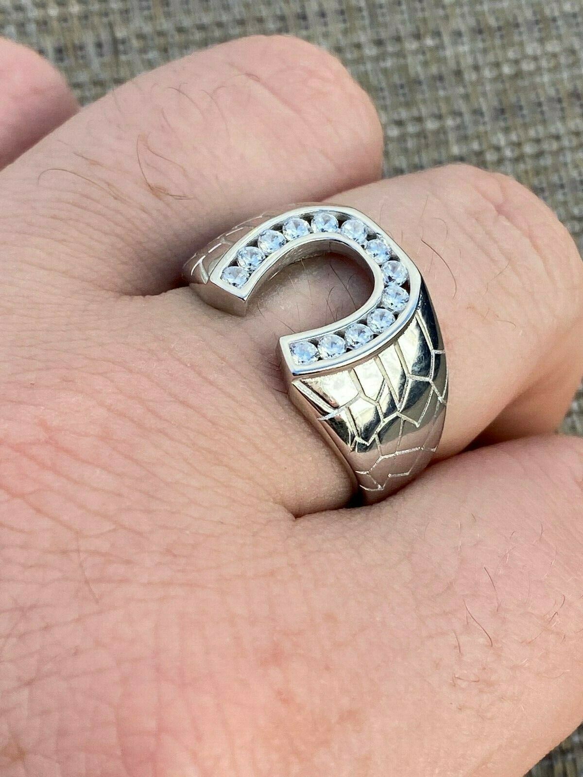 Men’s Real Solid 925 Sterling Silver Lucky Horseshoe Ring Iced CZ Hip Hip Pinky