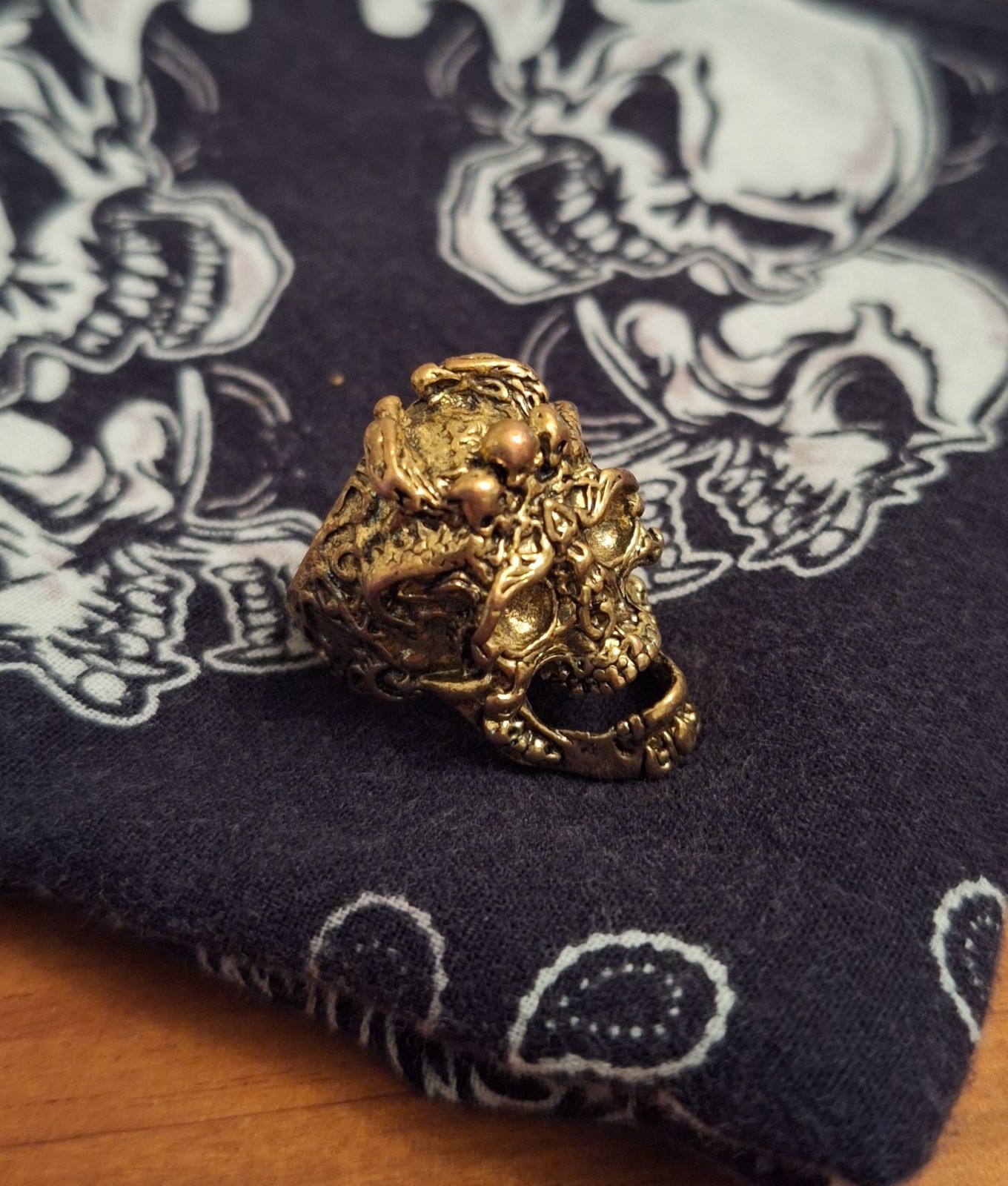 Detailed Oxidised Dragon Skull Ring with Ornate Carvings