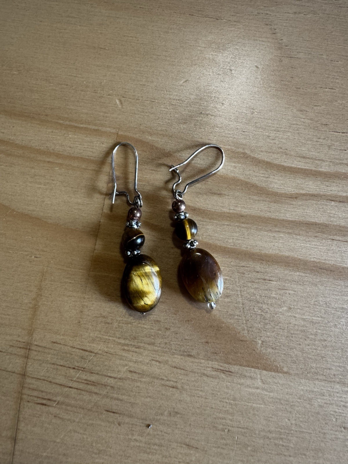Handmade Tiger’s Eye & Hematite Leverback Dangle Drop Earrings Silver Brown/Gold