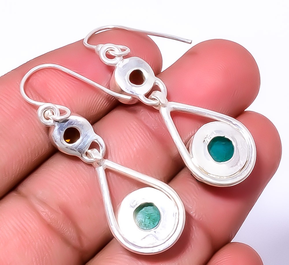 Green Opalite Agate Drusy & Smoky Quartz 925 Silver Plated Earring 1.44″ W2476