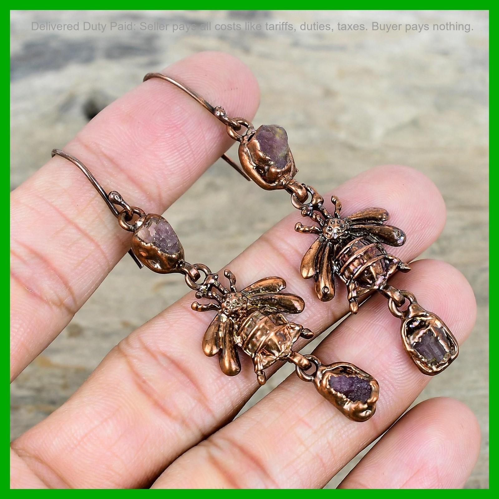 Pink Tourmaline Rough Gemstone Earrings Honey Bee Electroformed Copper Jewelry