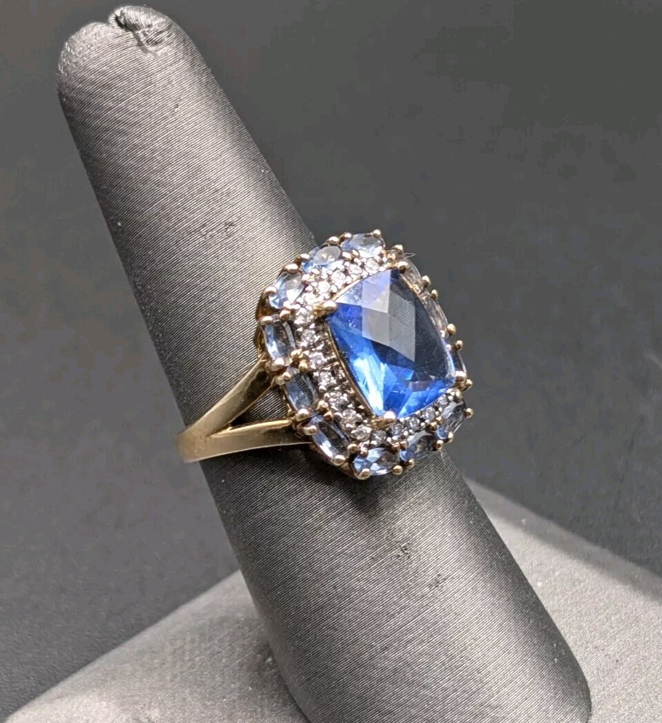 Ross Simons 14k Gold Plated Sterling 925 Simulated Tanzanite Iolite CZ Halo Ring