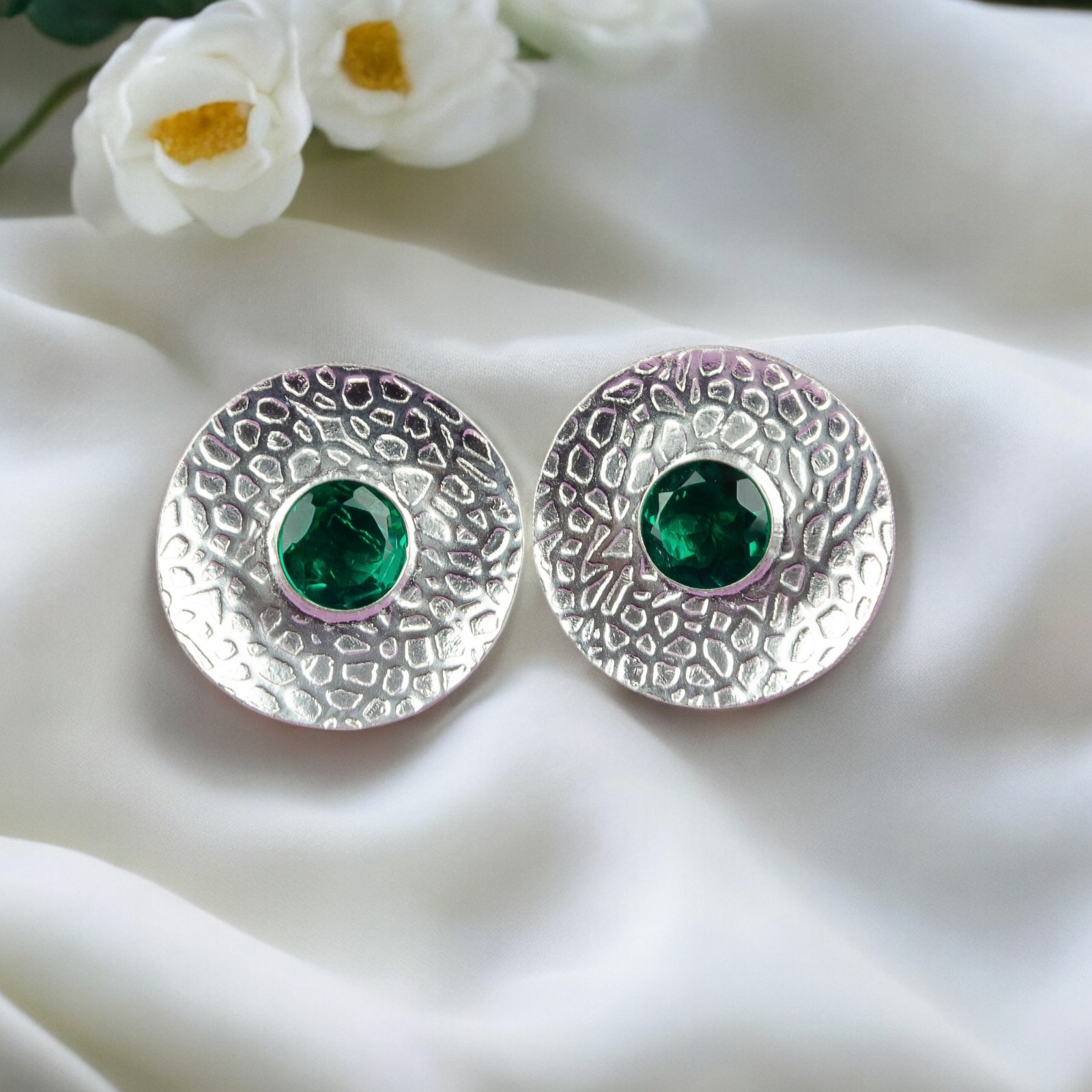 Emerald Gemstone Stud Earrings Sterling Silver Handmade Boho Jewelry 0.89″ Gifts