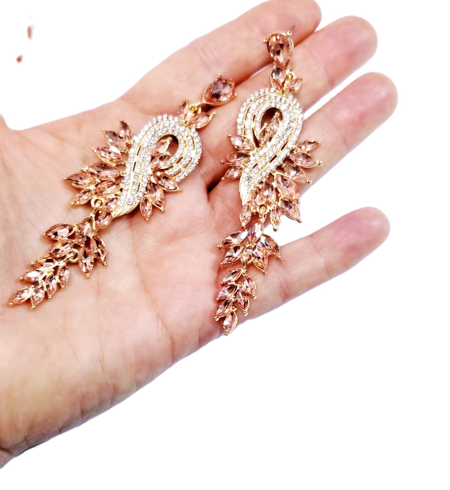 Chandelier Earrings Rhinestone Peach Drop Dangle Crystal 3.5 inch Prom Pageant