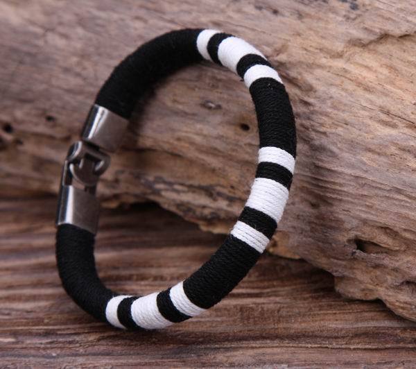 G105 Black w/ White Surfer Young Cotton Wraps Leather Bangle Bracelet Cuff Men’s