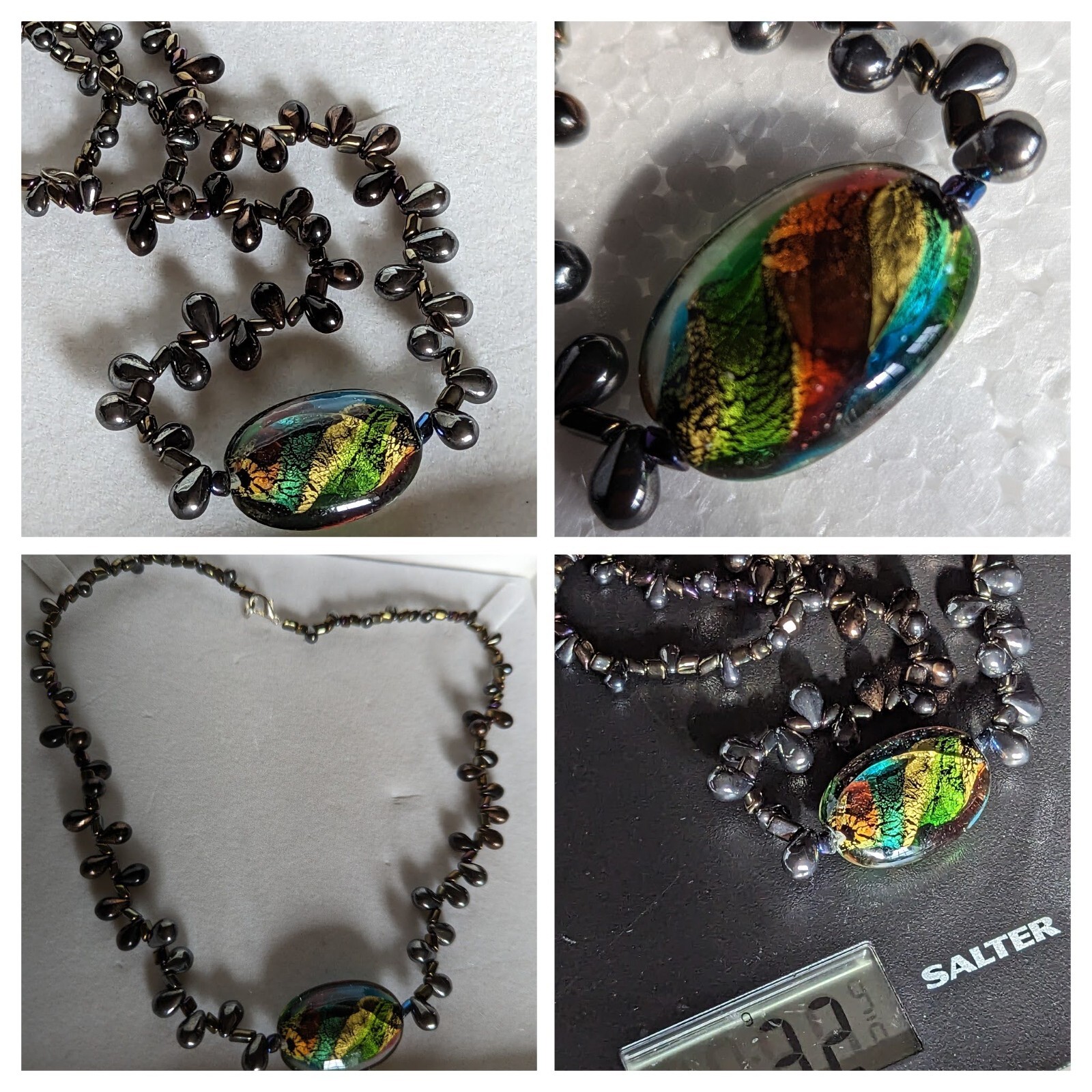 Designer Necklace Hematite Beaded with Dichroic Glass Pendant 32g & 16″ Long