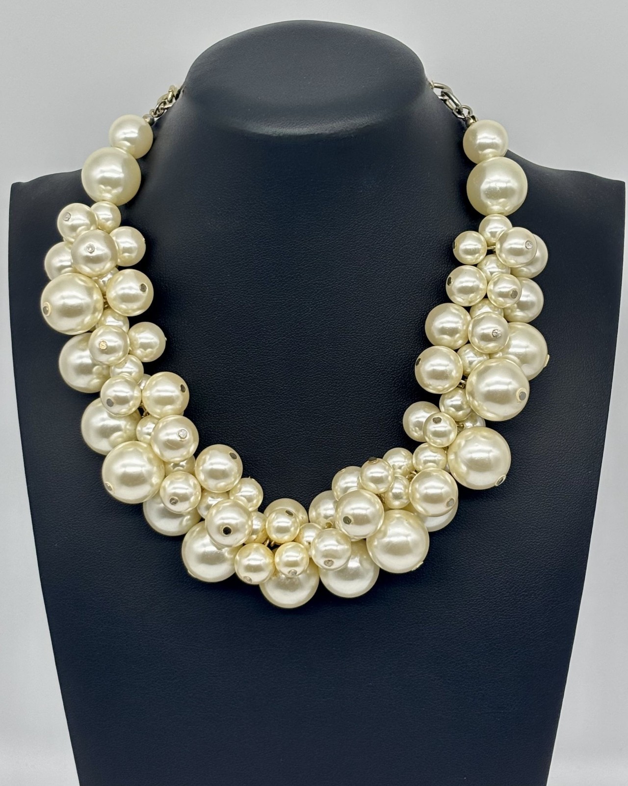Faux Pearls Cluster Statement Collar Necklace Cream Silver-Tone Adjustable Clasp