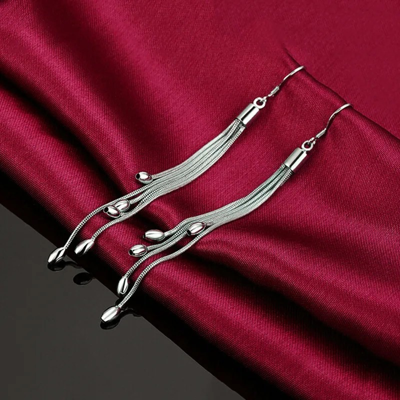 Womens 925 Sterling Solid Silver Long Tassel Drop Dangle Hook Fashion Earrings