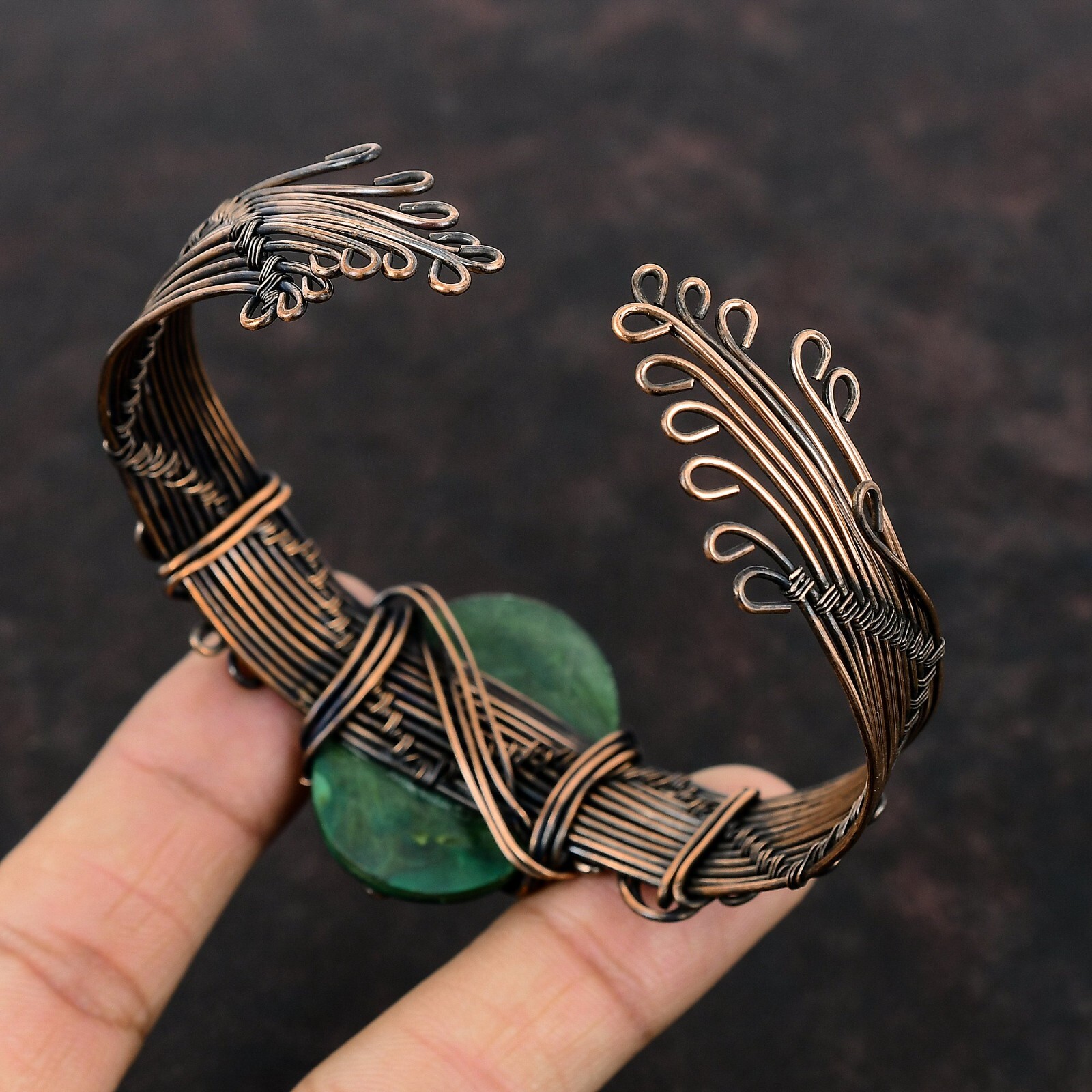 Gift For Her Russian Malachite Wire Wrapped Adjustable Cuff Copper Jewelry