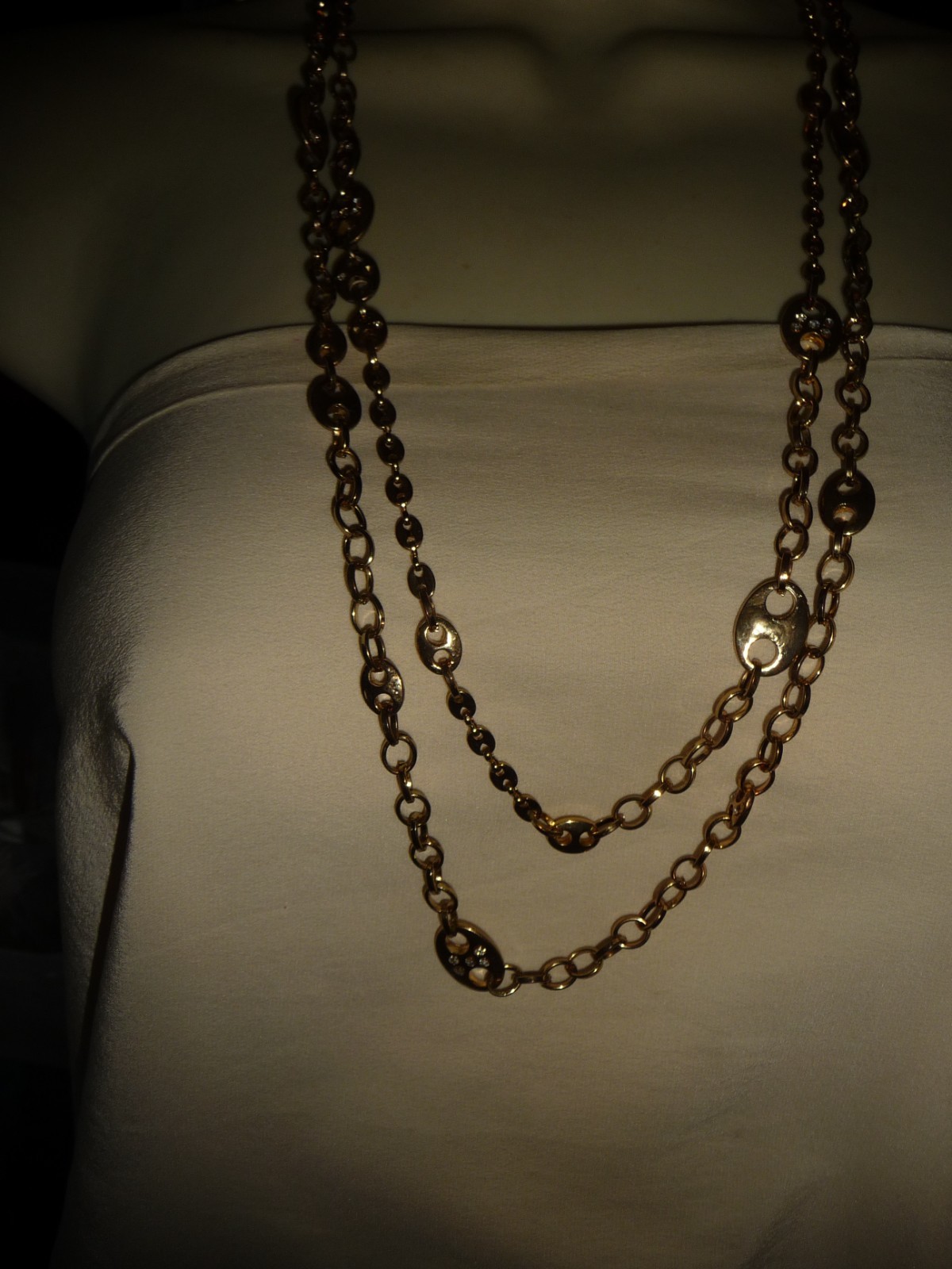LAYERED 2 STRANDS GOLD TONE CHAIN W DESIGNLINK W RHINESTONES NECKLACE #26/19