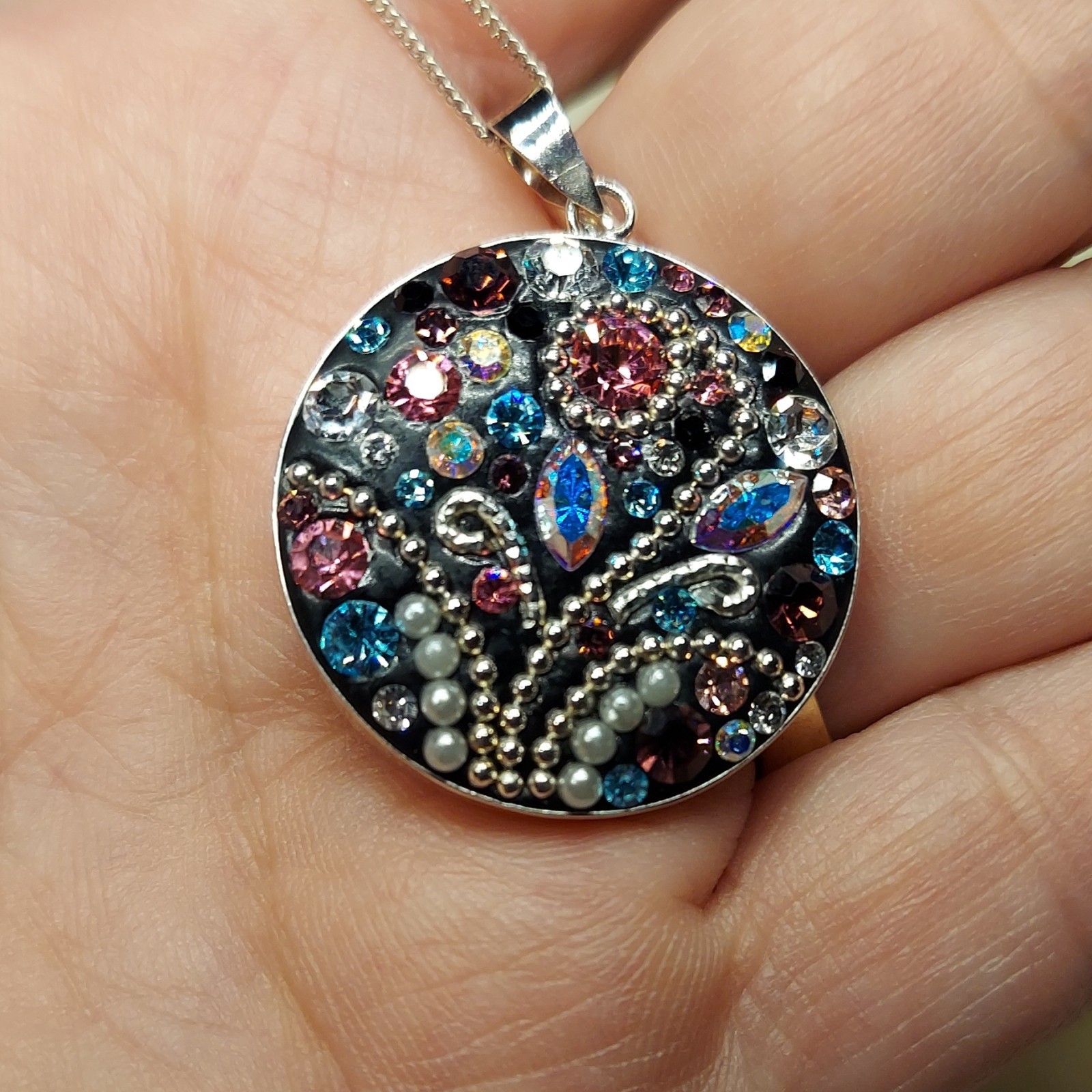 MULTICOLOR crystal silver 925 Round Rhinestone Pendant Necklace, Cable Chain