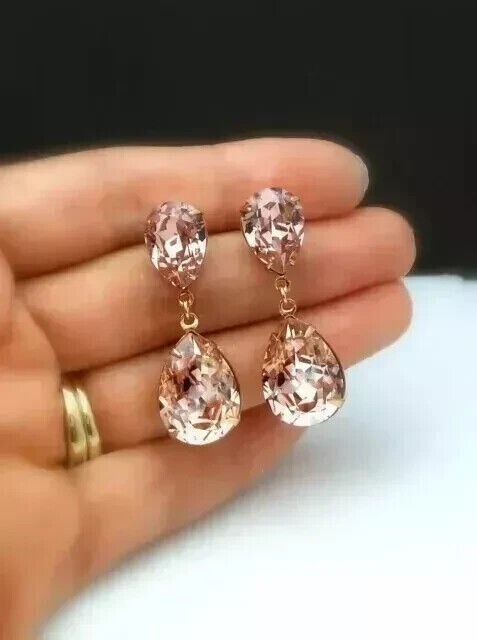 4 Ct Pear Cut Simulated Morganite Women Drop Dangle Earrings14K Rose Gold Plated