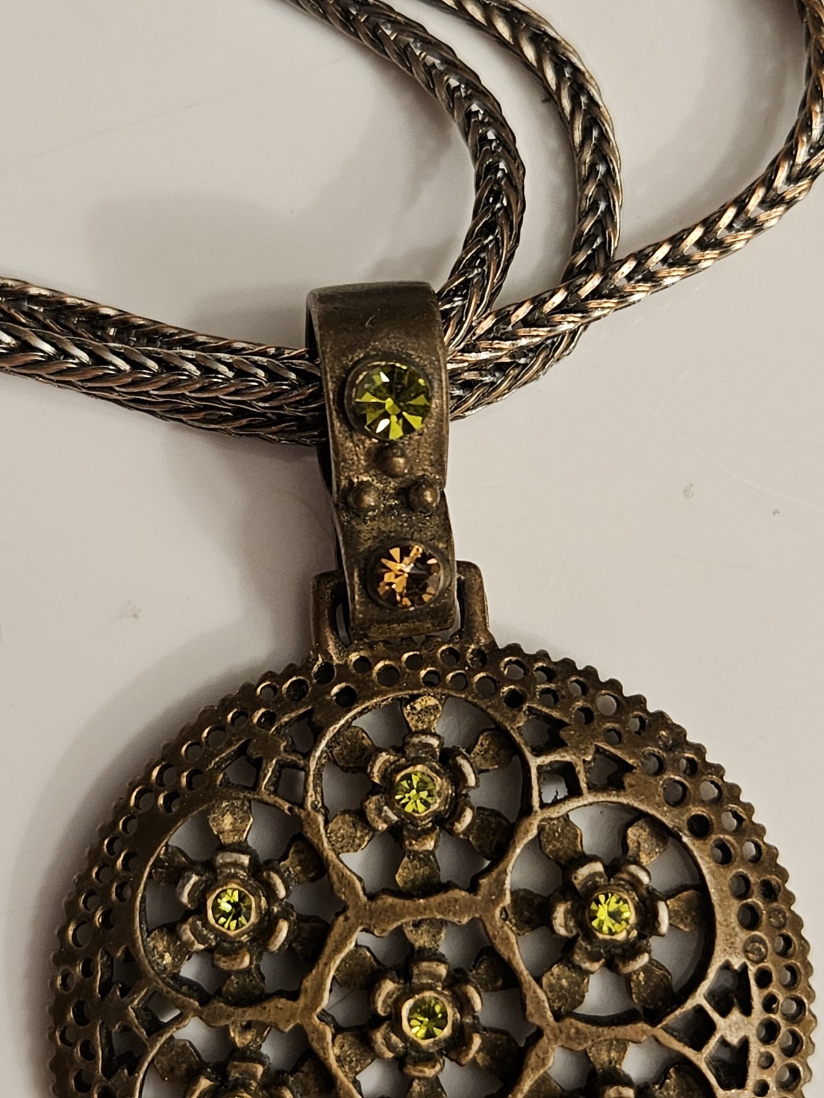 Premier Designs green crystal pendant necklace copper gold tone.