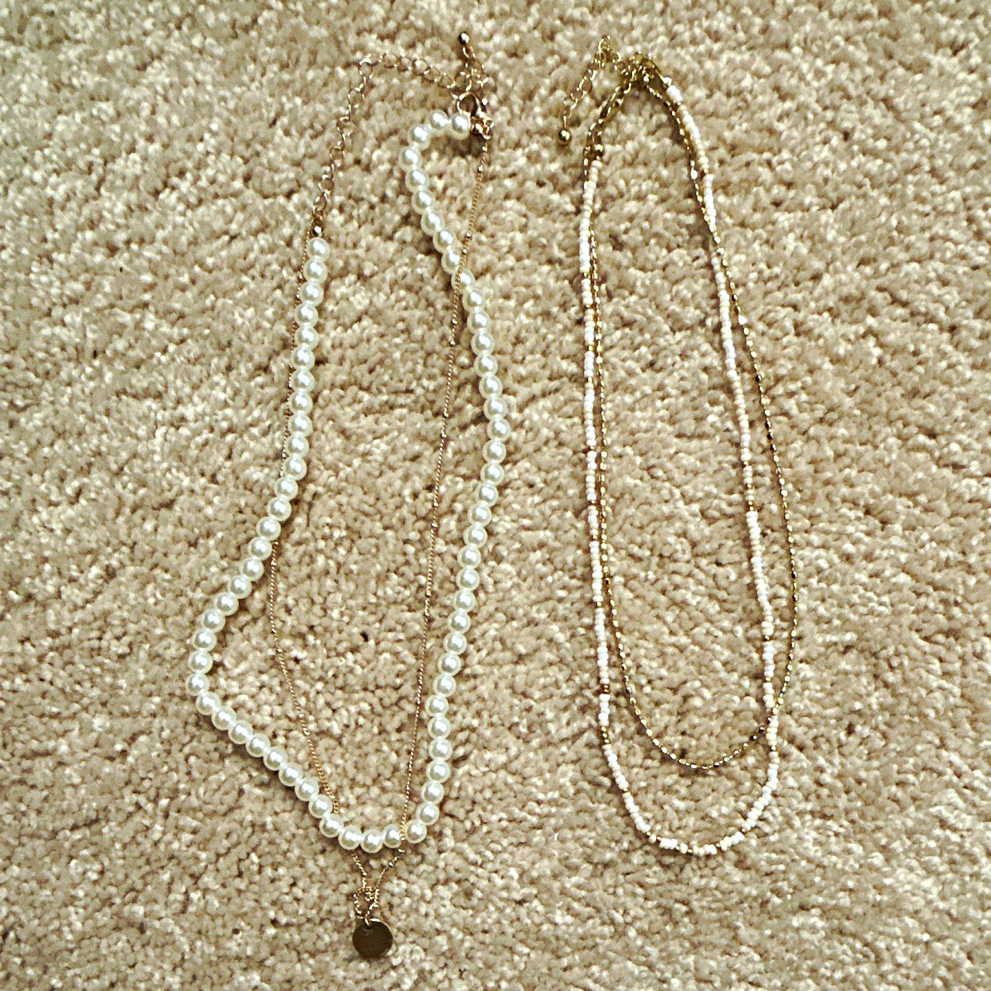 Layered White Faux Pearl Beaded Necklace w/ Gold Tone Round Charm (2 piece set)