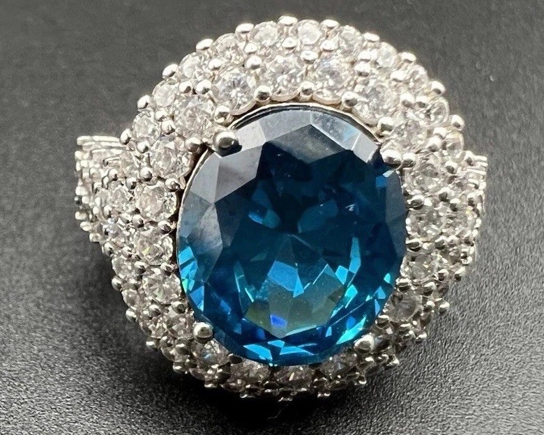 Blue & White/colorless Stones Double Halo Statement Ring, Size 7