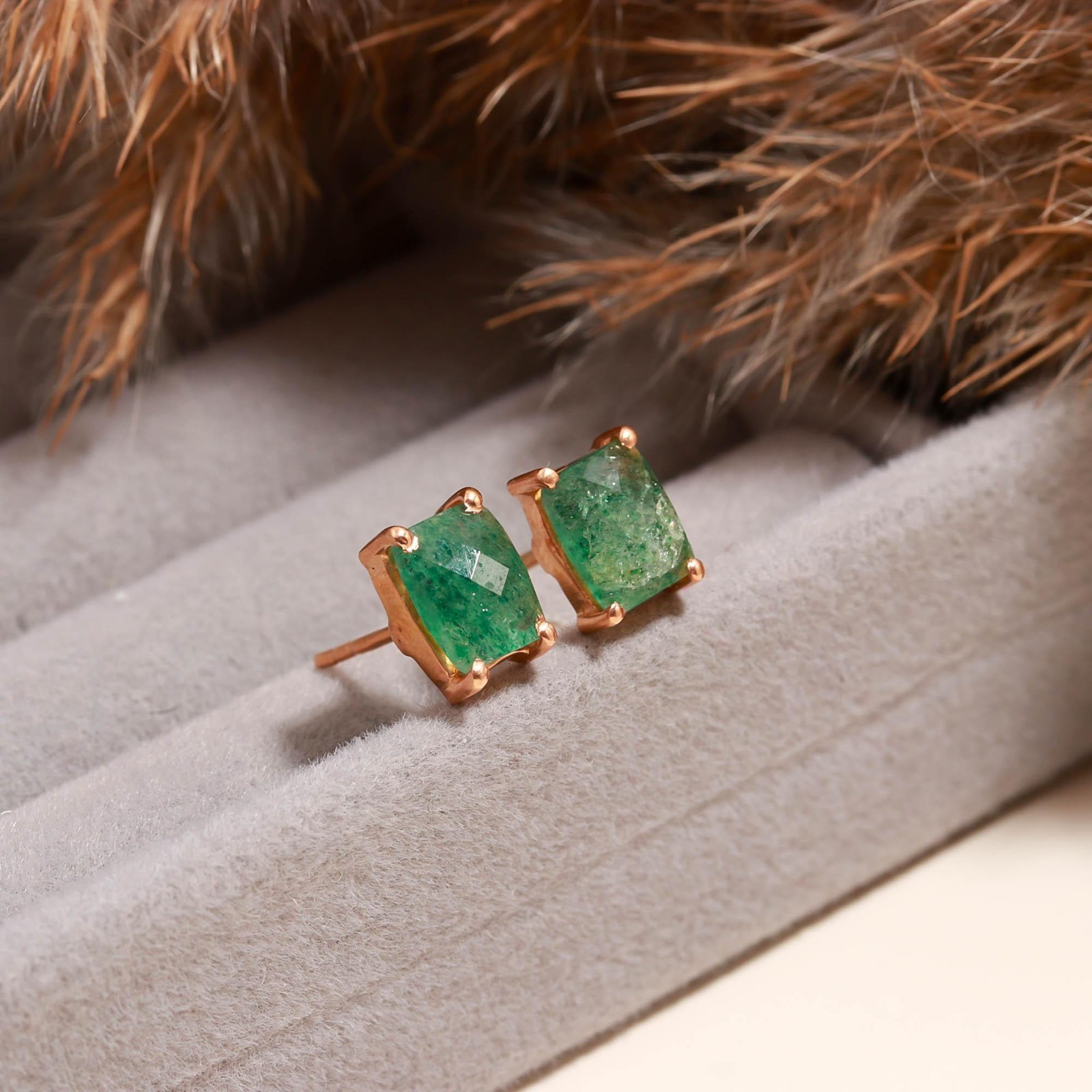 Green Strawberry Octagon Stud Earring Rose Gold Fill 925 Sterling Silver Jewelry