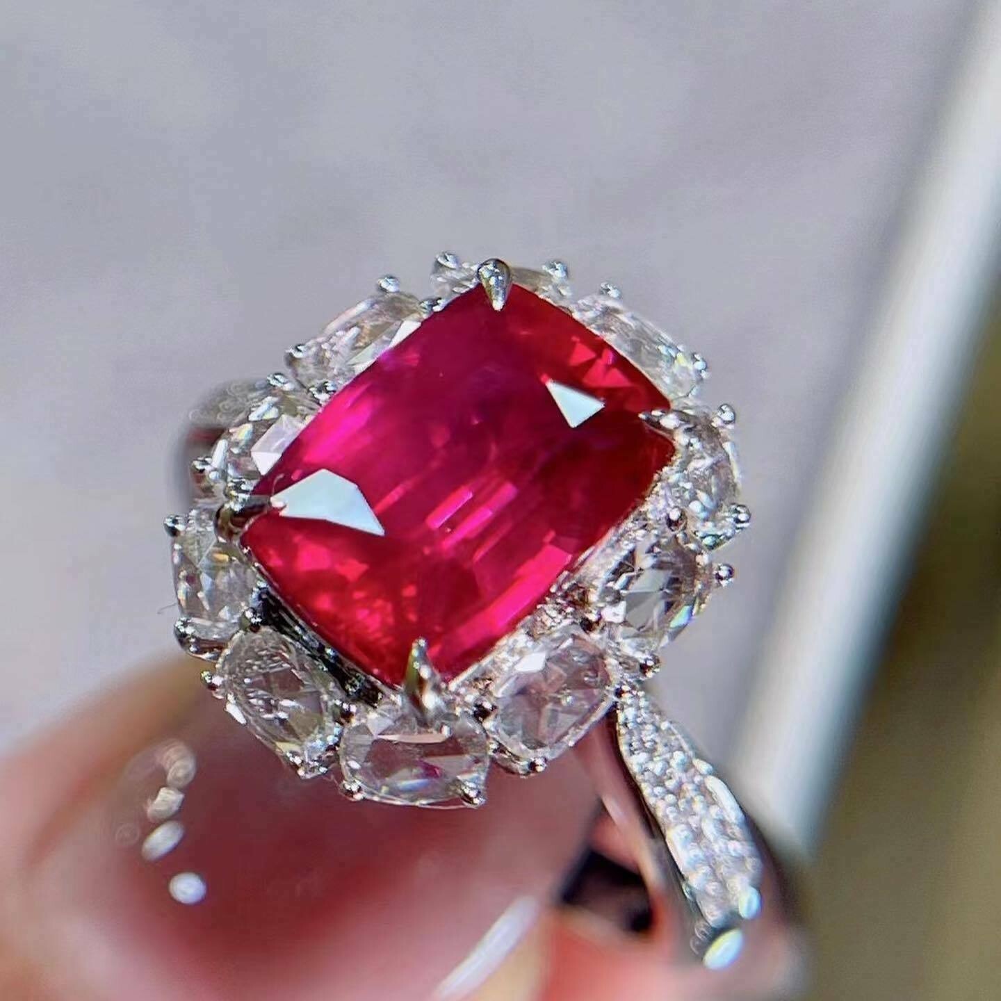 3.34Ct Cushion Simulated Ruby Women’s Wedding Ring 14k White Gold Plated Silver