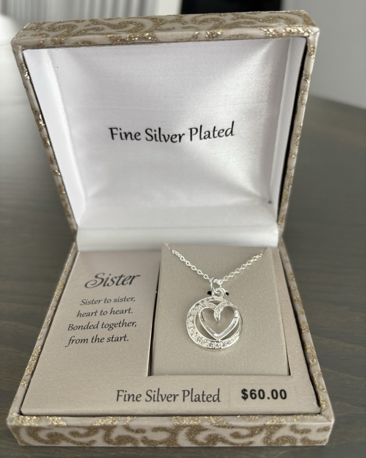 Sister Heart Charm Pendant Necklace Silver Plated Clear Crystal Pavé Cable Chain