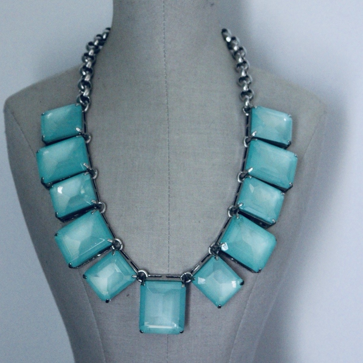 Vintage Ann Taylor Baby Blue Square Beaded Statement Necklace Silver Tone