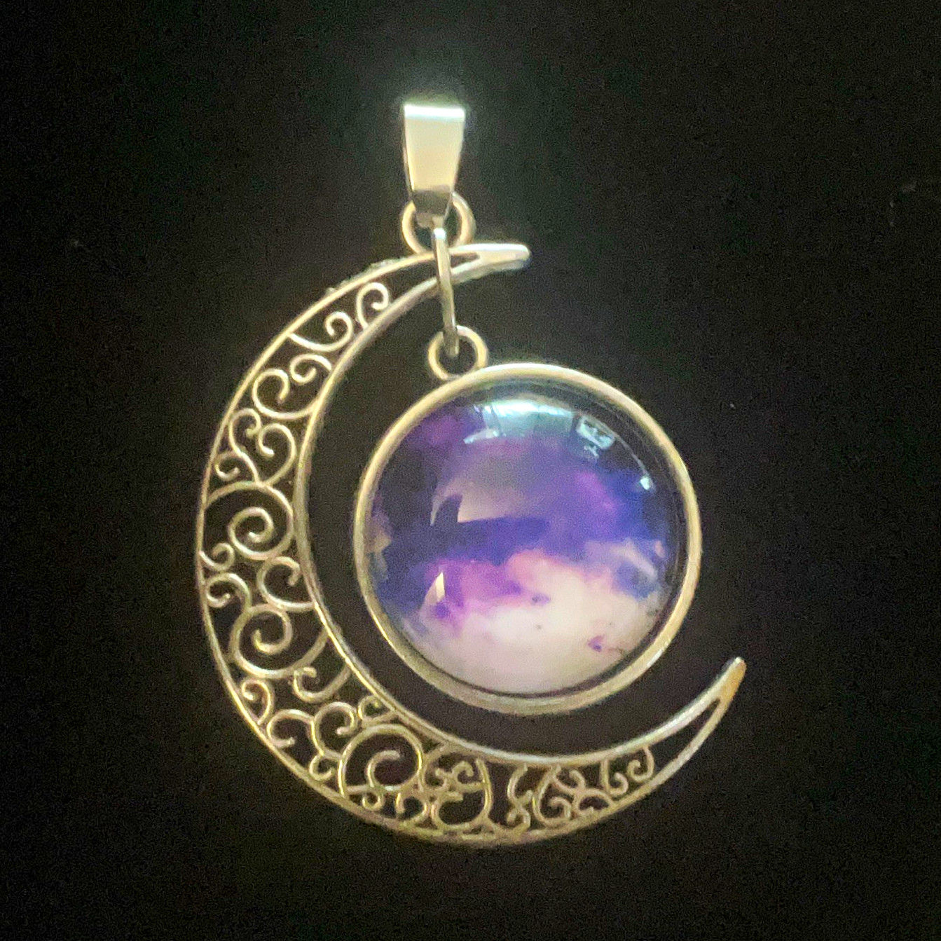 Silver Tone Crescent Moon Charm Pendant w/ Round Purple Cabochon Bezel Set