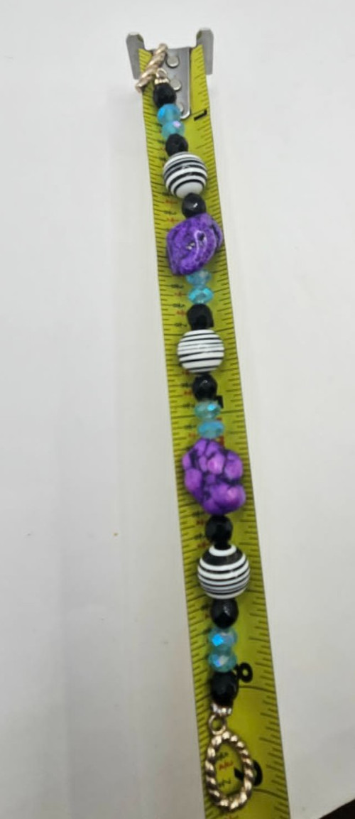 Beaded Necklace with matching bracelet black white purple light blue
