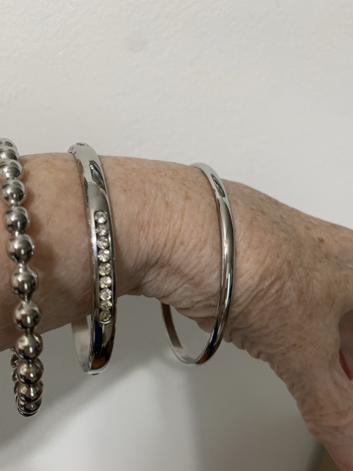 Three Stainless Steele Bangle Bracelets 8” Each, plain, ball &channel designed