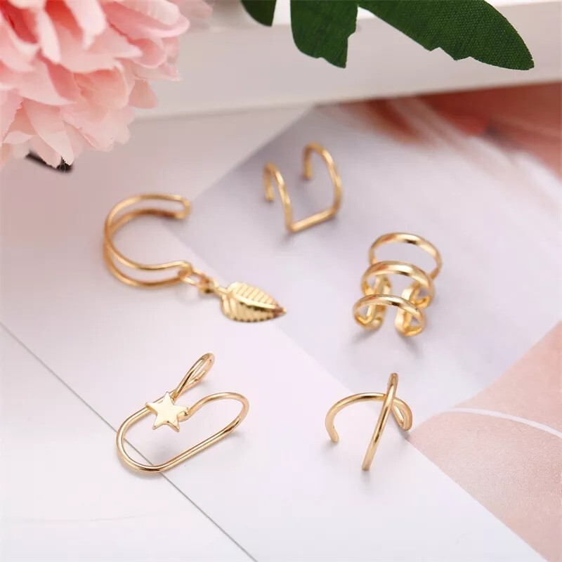 New 5pc Gold Silver Color Metal Ear Cuff Non-Piercing Ear Clips Earrings Jewelry