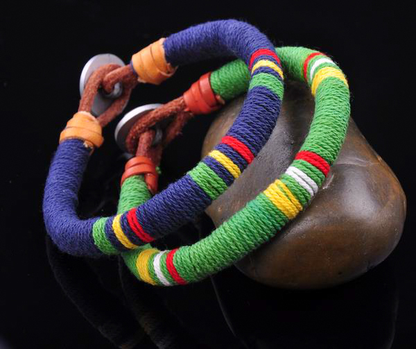 S471 2pcs Surfer Cotton Wrap Leather Men’s Leather Wristband Bracelet Cuff BL&G