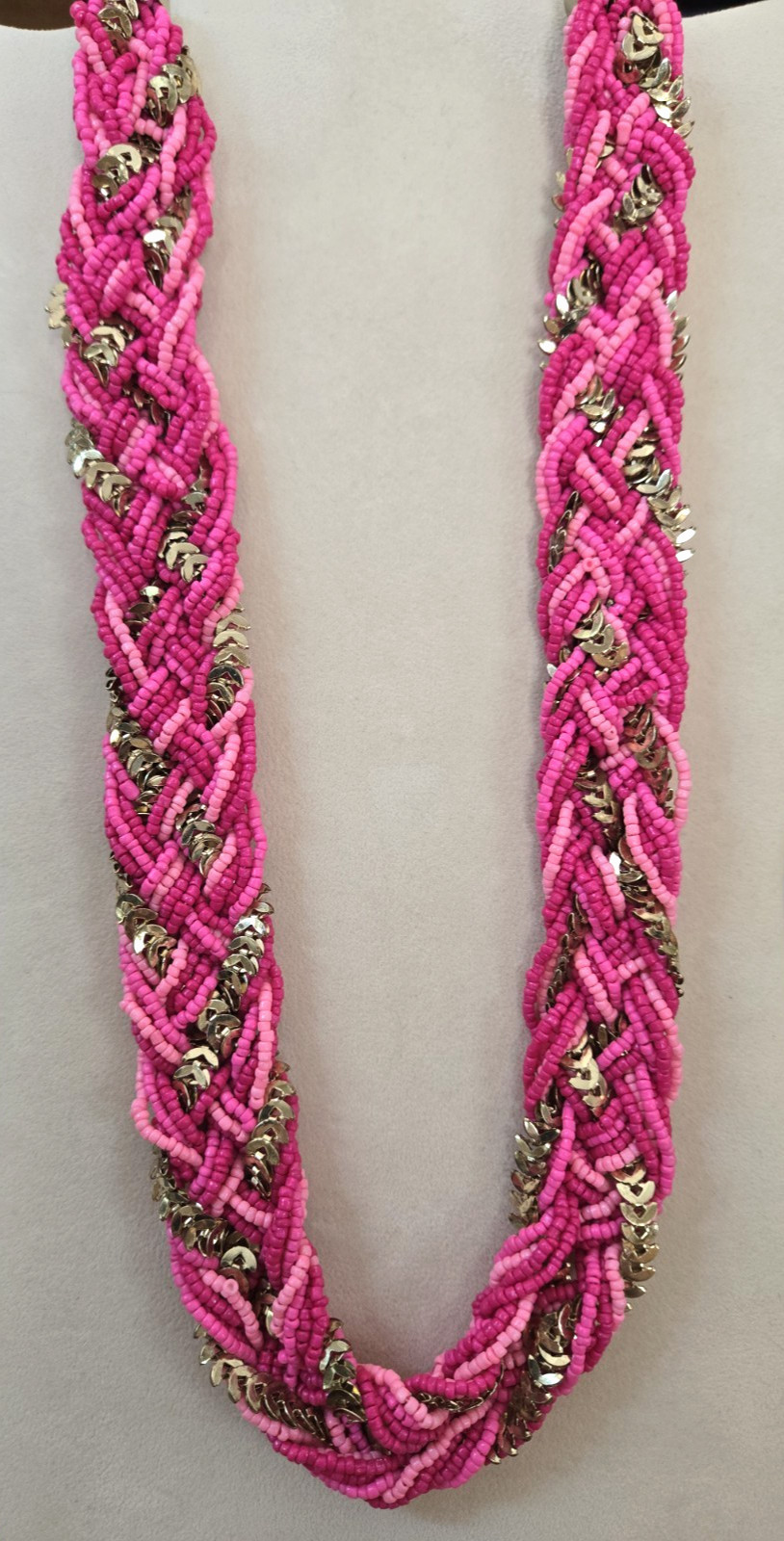 Pink / Fuchsia & Fishbone Link Braided Bead Necklace in Goldtone-Adj. 19-22 In.