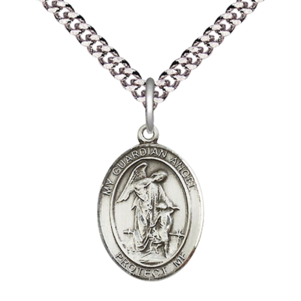 Medium Pewter Guardian Angel Medal Pendant 24″ Endless Chain Religious Necklace