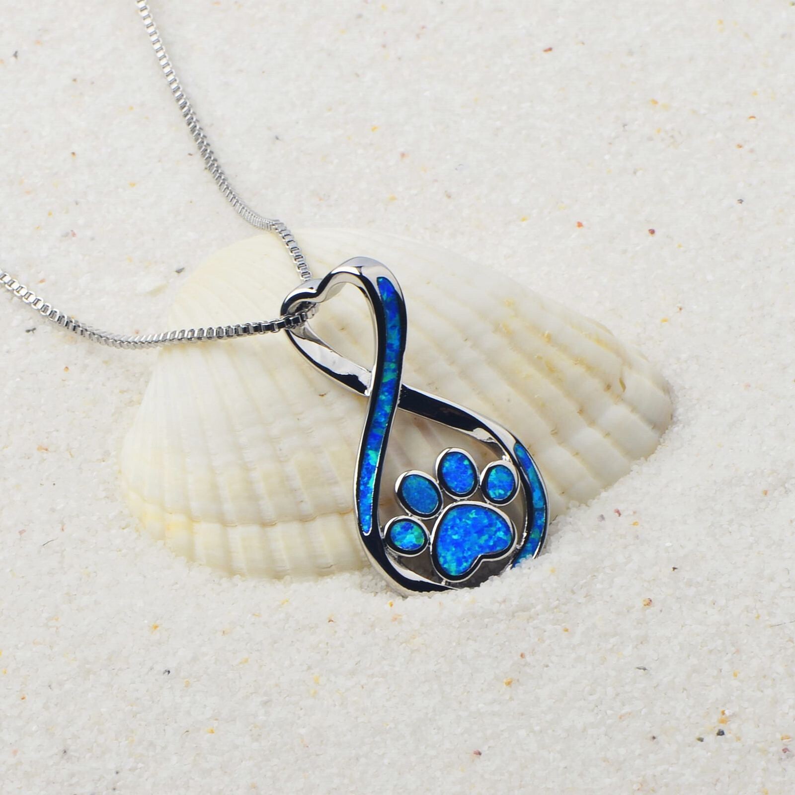 Hawaii Beach Blue Fire Opal Dog Paw Necklace Silver Filled For Women Girl