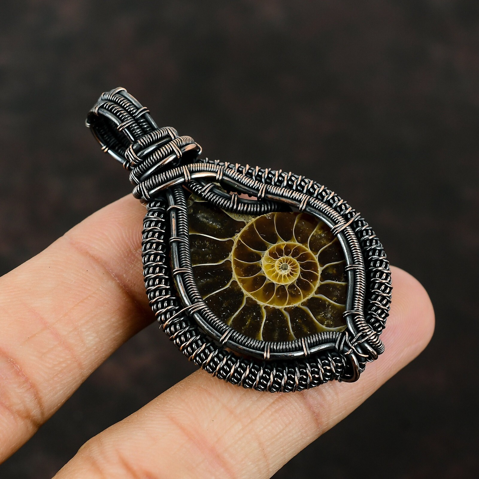 Ammonite Fossil Jewelry Copper Gift For Sister Wire Wrapped Pendant 2.56″