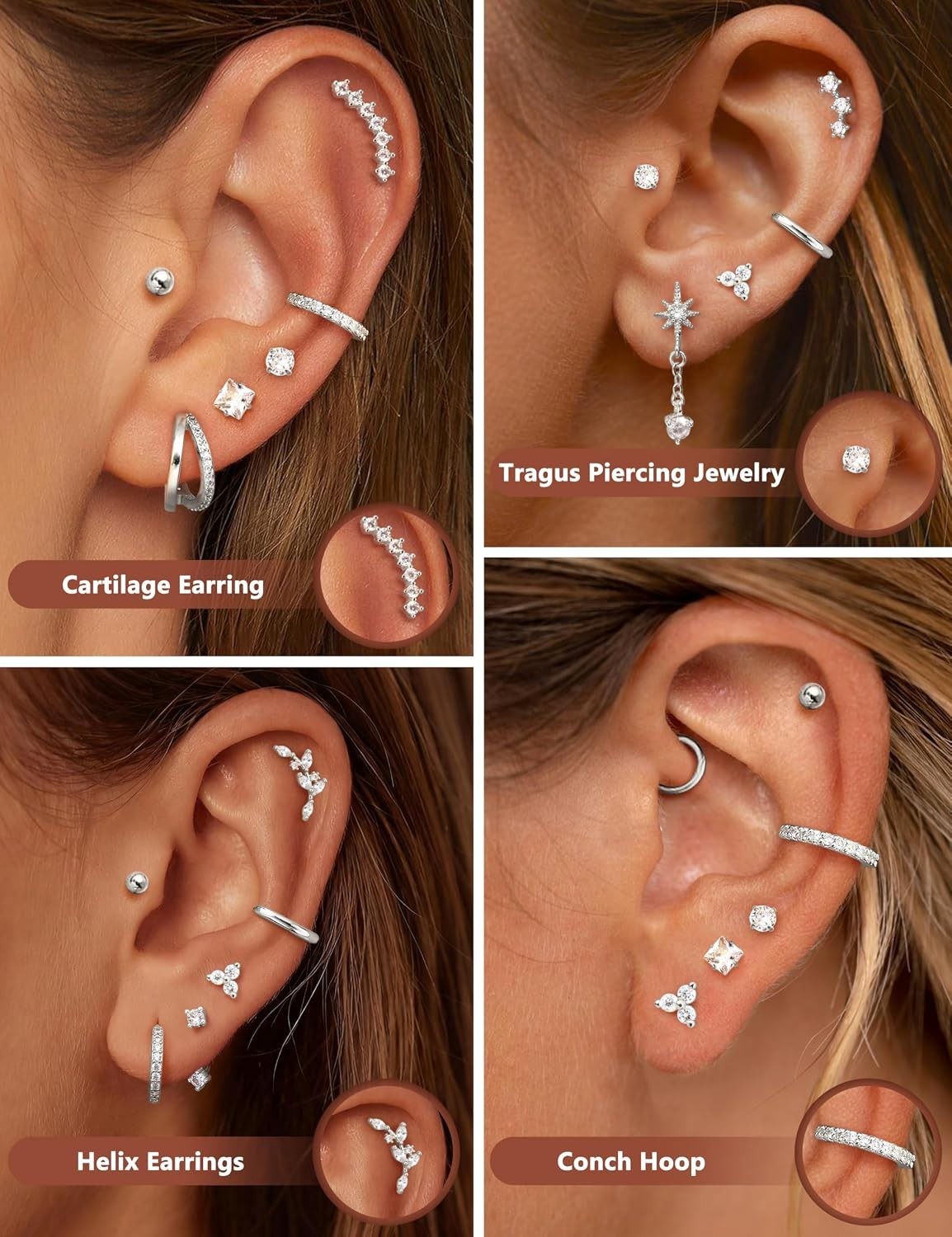 16G Cartilage Earrings for Women Silver Flat Back Earrings Hypoallergenic Sur…