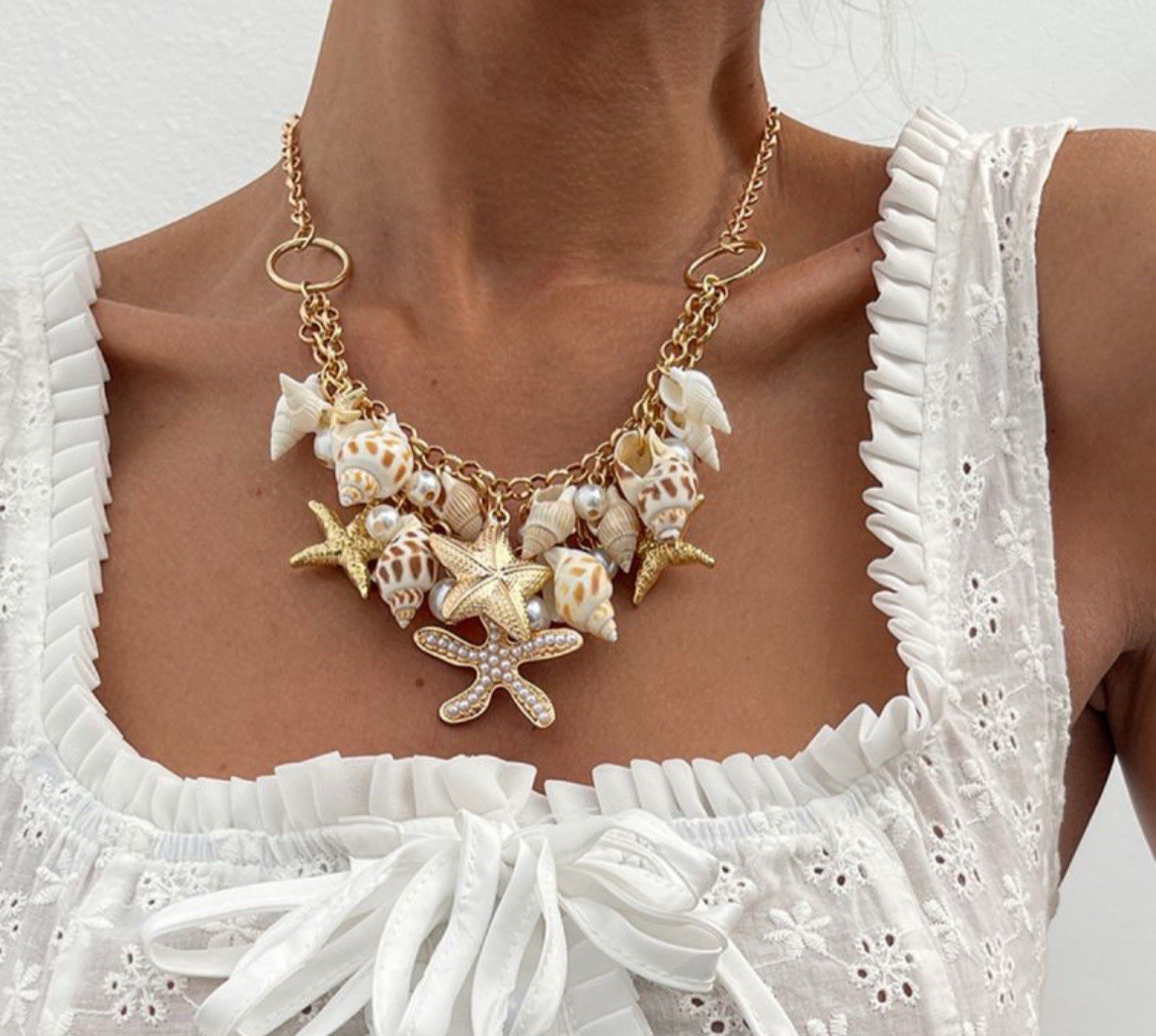 Seashell Necklace Chunky Beach Jewelry Layered White Pearl Gold Starfish