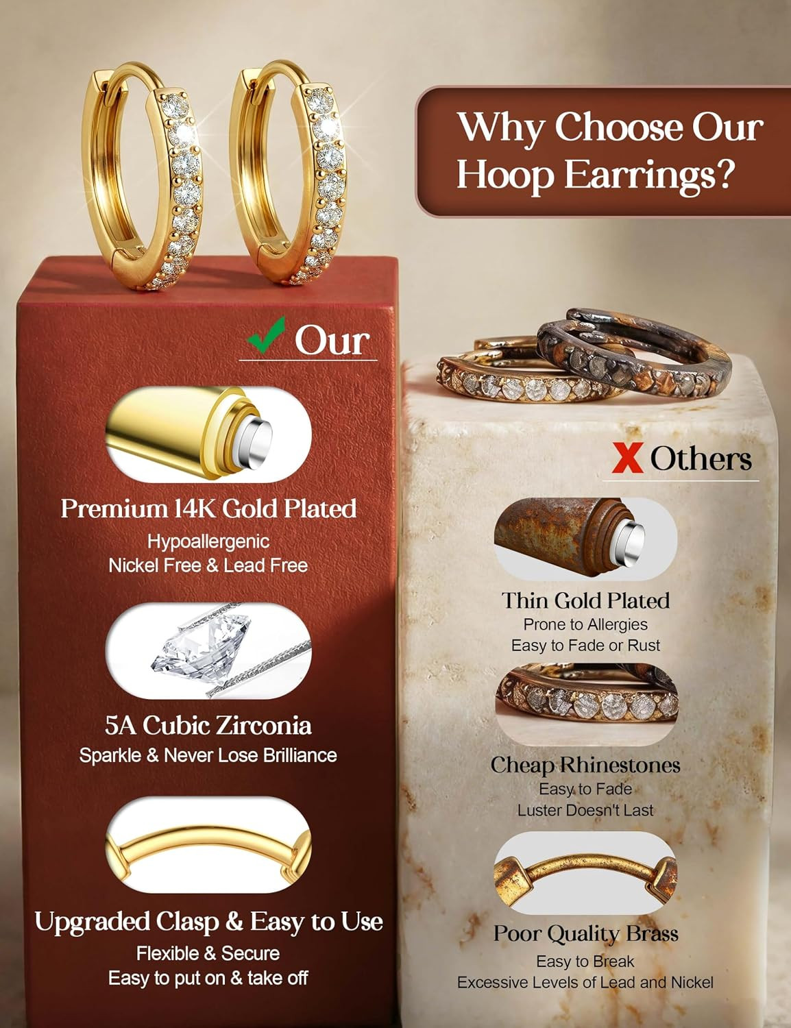 Small Gold Hoop Earrings for Women, Hypoallergenic Huggie Earrings for Sensitive