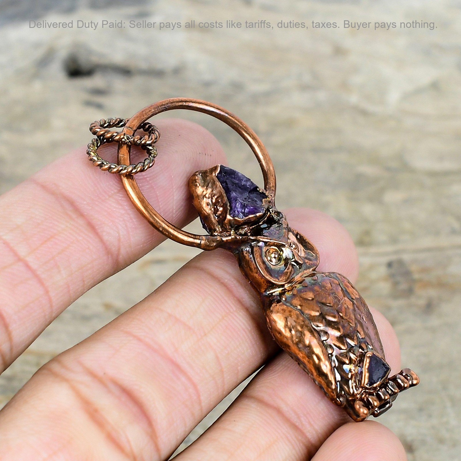 African Amethyst Rough Gemstone Copper Art Deco Electroformed And Owl Pendant