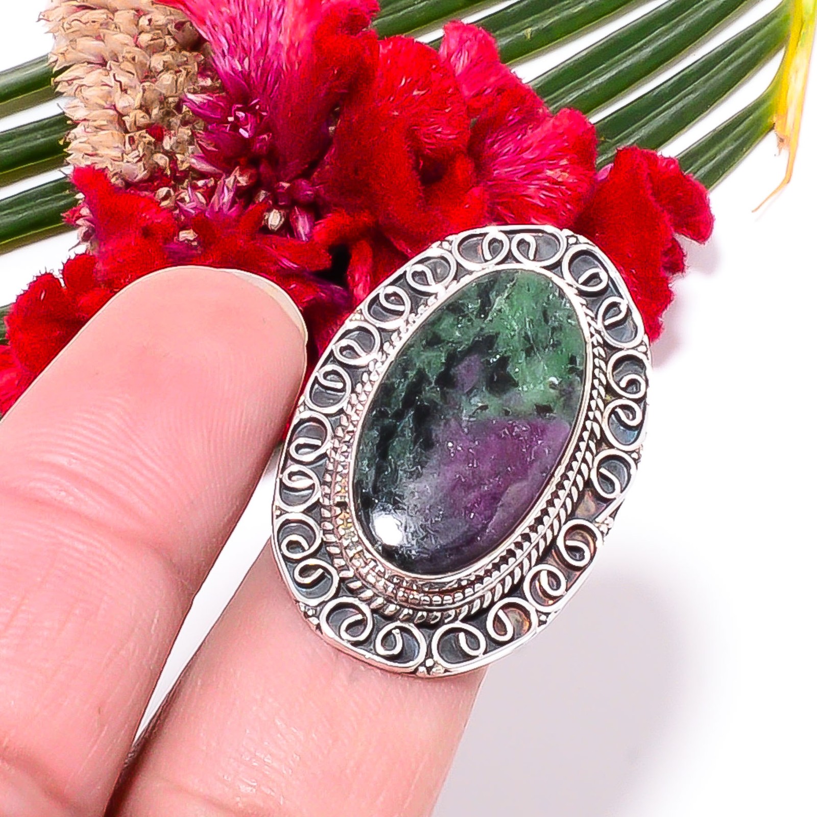 Ruby With Zoisite Fine Art Oxidised 925 Sterling Silver Ring s.9 Sk17, Christmas