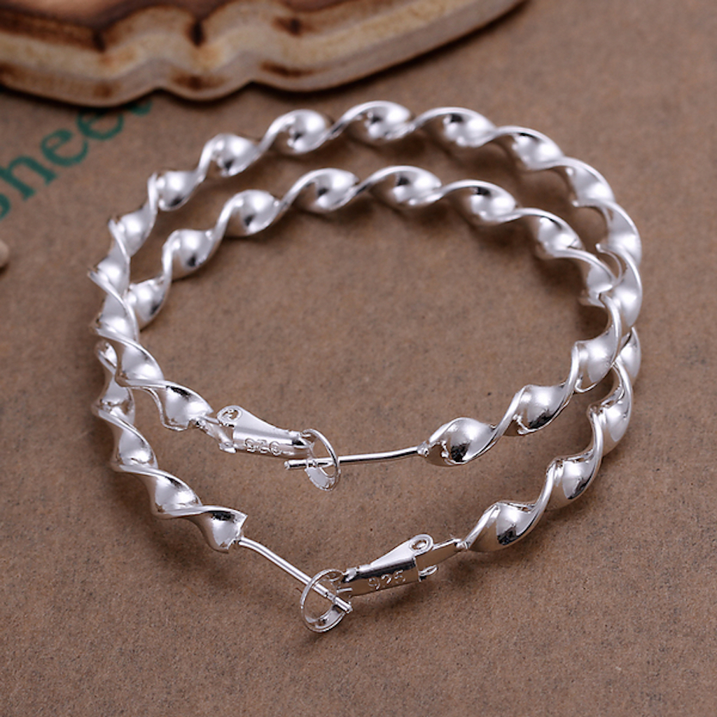 925 Sterling Silver Twisted Hoop Pierced Earrings 2″ Inch L101