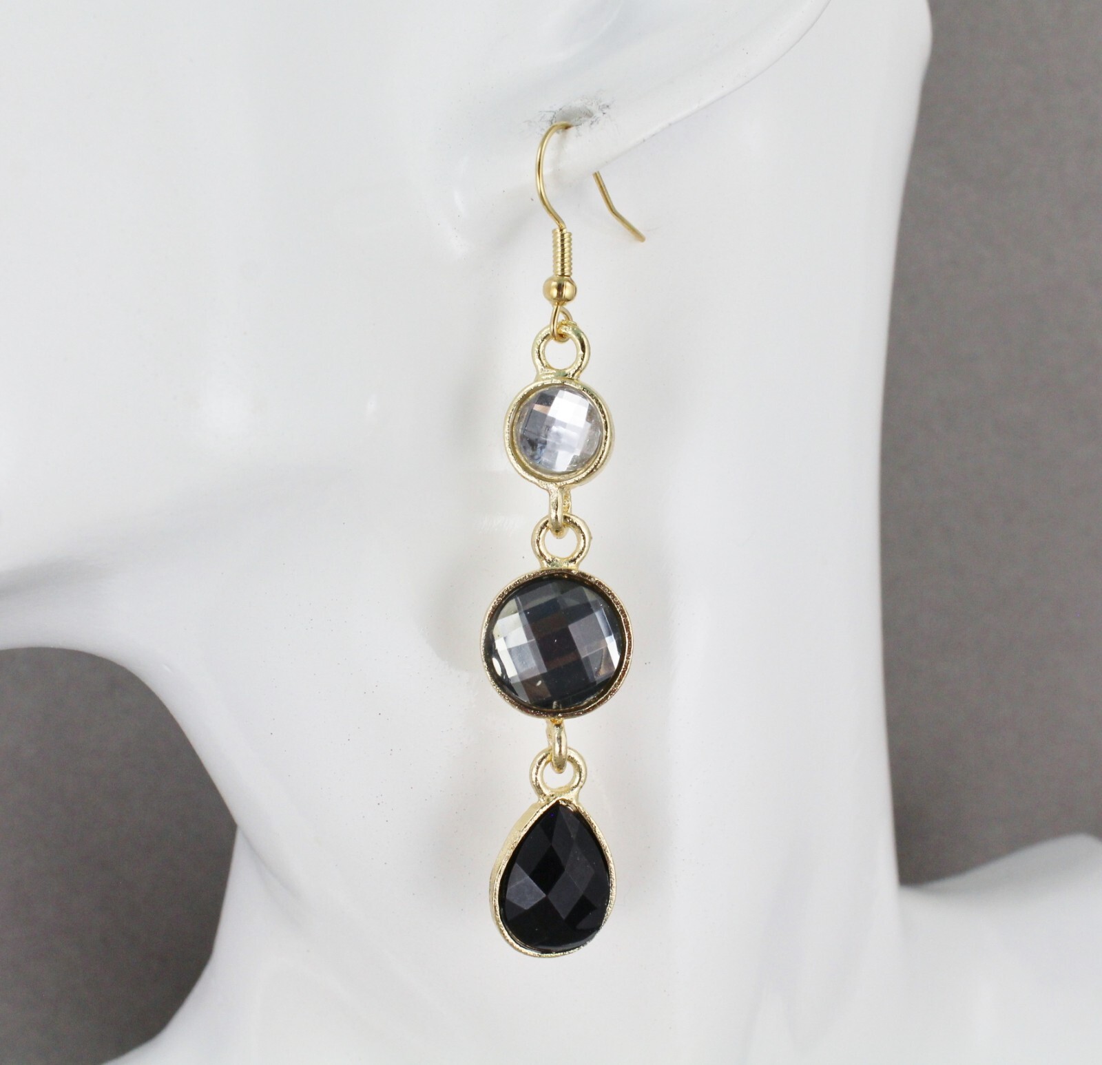 Black Grey Gold crystal faceted earrings chandelier dangle 2 7/8″ long light
