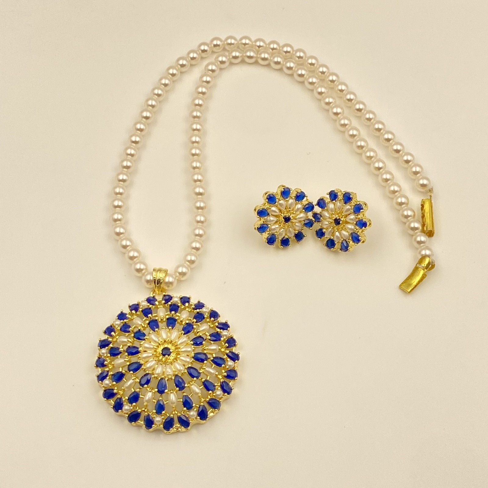 Gold Plated Blue Sapphire Pendant Set | Handmade Pearl Necklace with Earrings