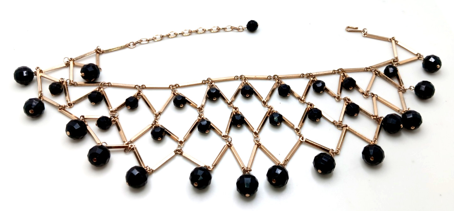 Statement Bib Choker Style Necklace Geometric Black Plastic Gold Tone Metal 14″
