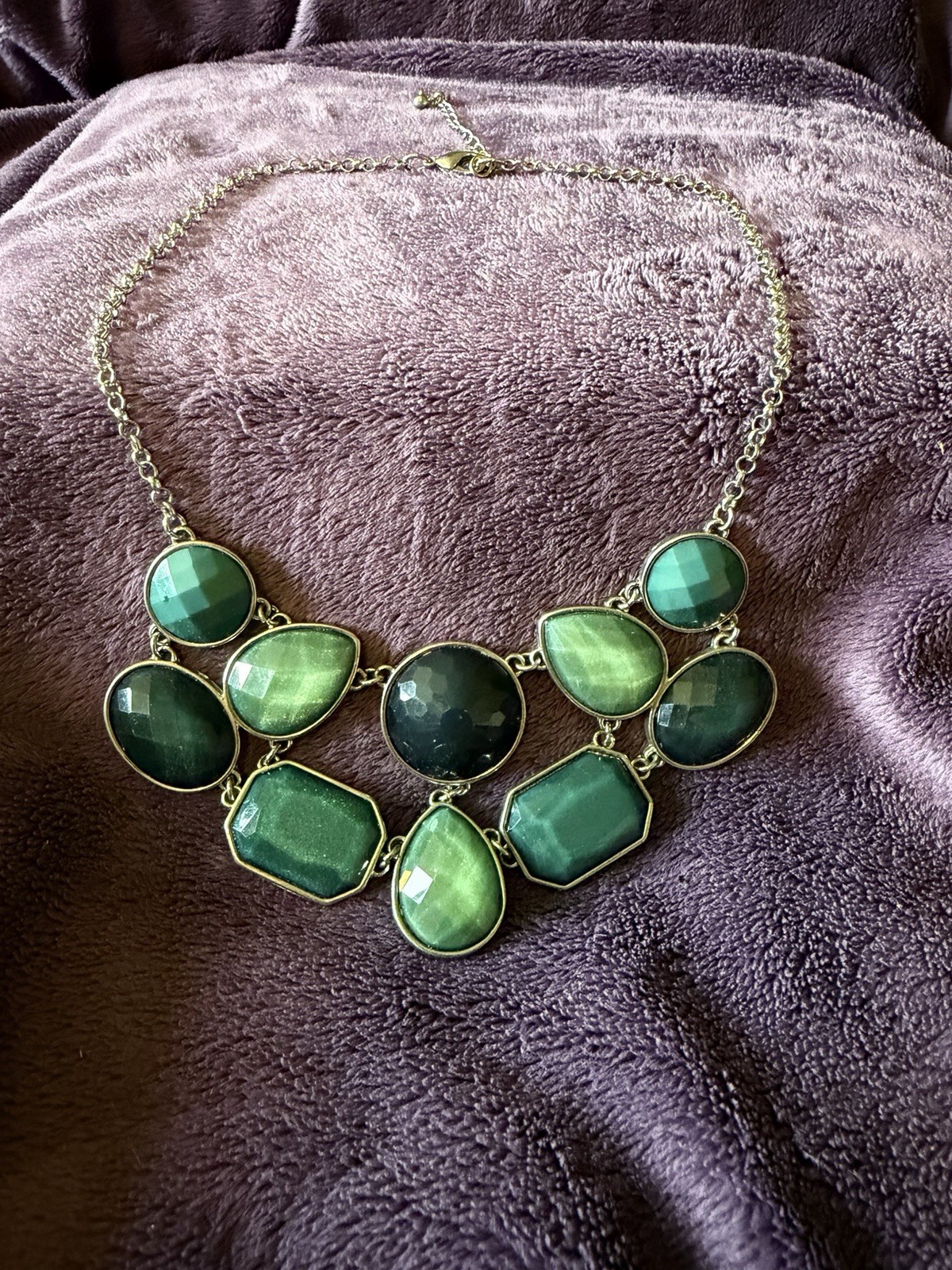 Boho Vintage Green Statement Necklace Chunky Silver Tone Bib Pendant