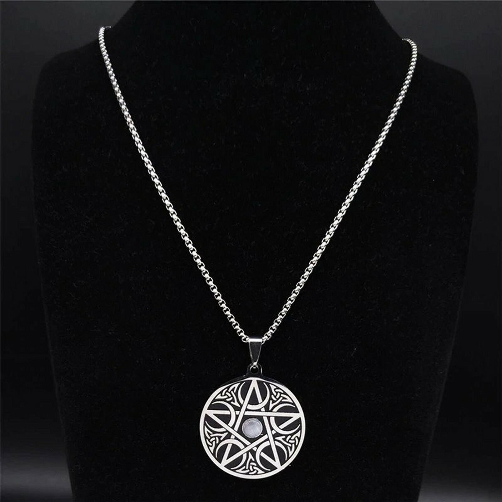 Moon Pentacle Pendant Stainless Steel Crescent Star Protection Necklace
