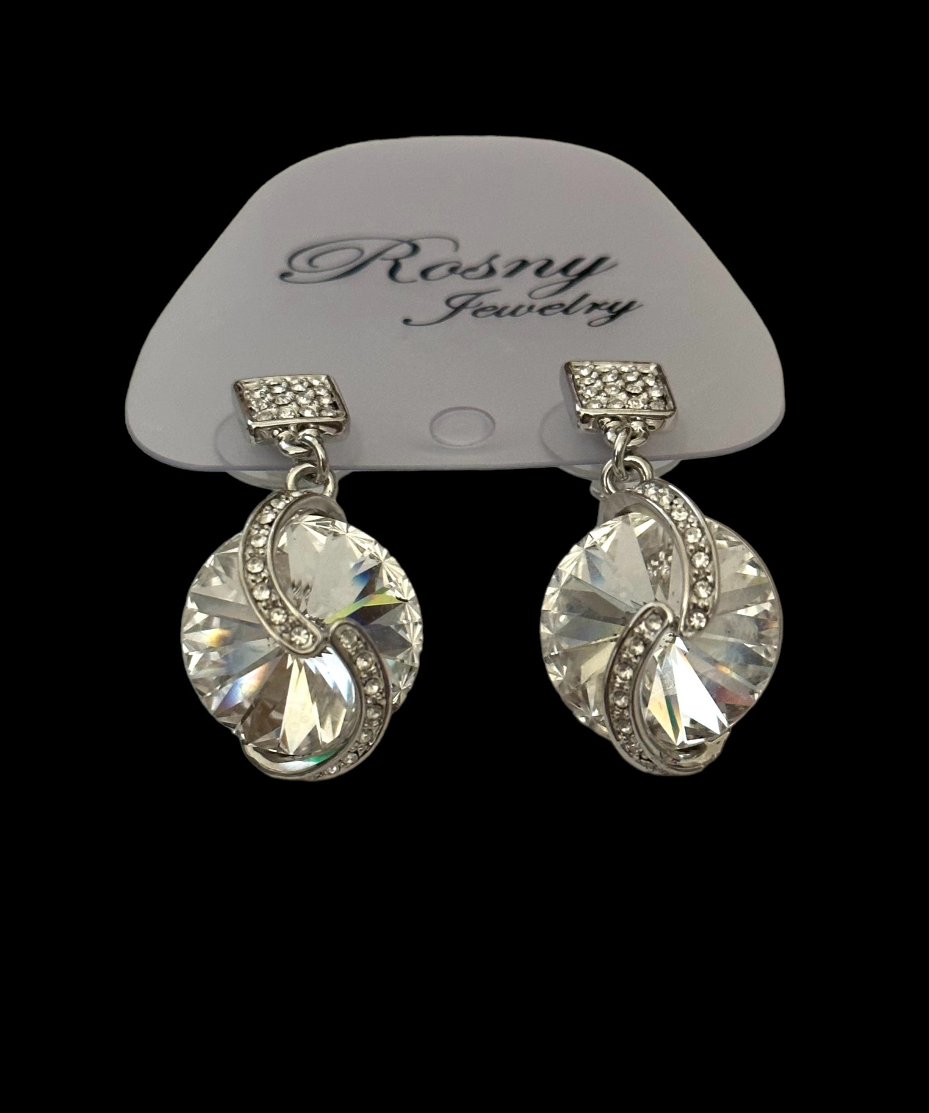Fashion Post Back Earrings-square post- dangling circle-crystals- silver color