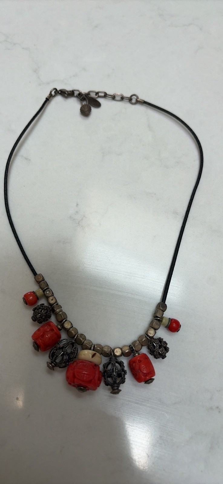 Black Cord Necklace with Red Beads and Silver Tone Metal Charm Pendant
