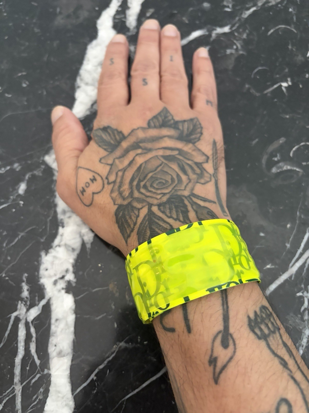Vtg CHRISTIAN DIOR By John Galliano Neon Green Yellow Monogram Slap Bracelet