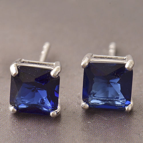 New White Gold Filled 6mm Princess Square Cut Sapphire Blue CZ Stud Earrings