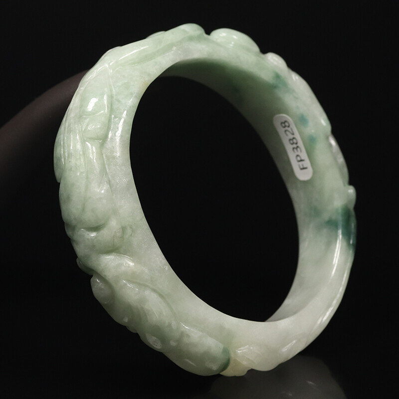 53mm White Green Jadeite Jade Bangle Bracelet Hand-carved Dragons 07709