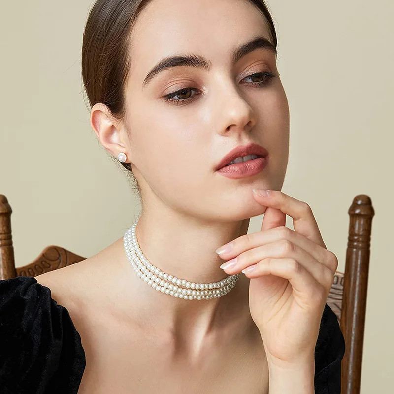 Faux Pearl Layered Collar Choker Necklace Women White Beaded Rope Jewelry